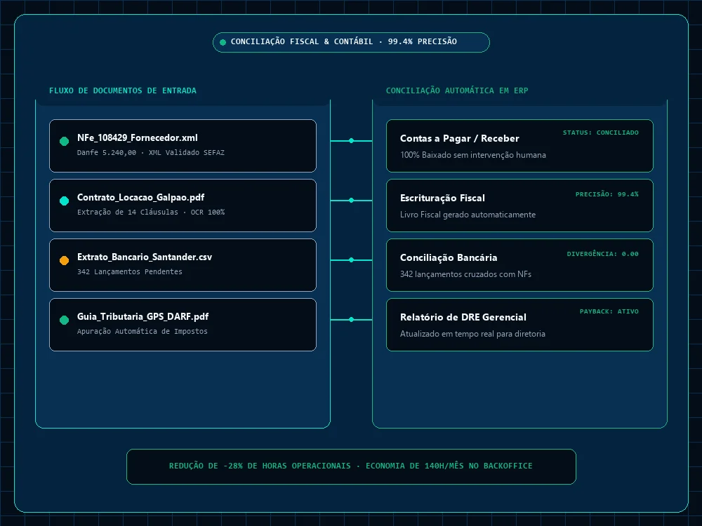 Painel do Hangare Ops AI com automação de notas fiscais e conciliação contábil