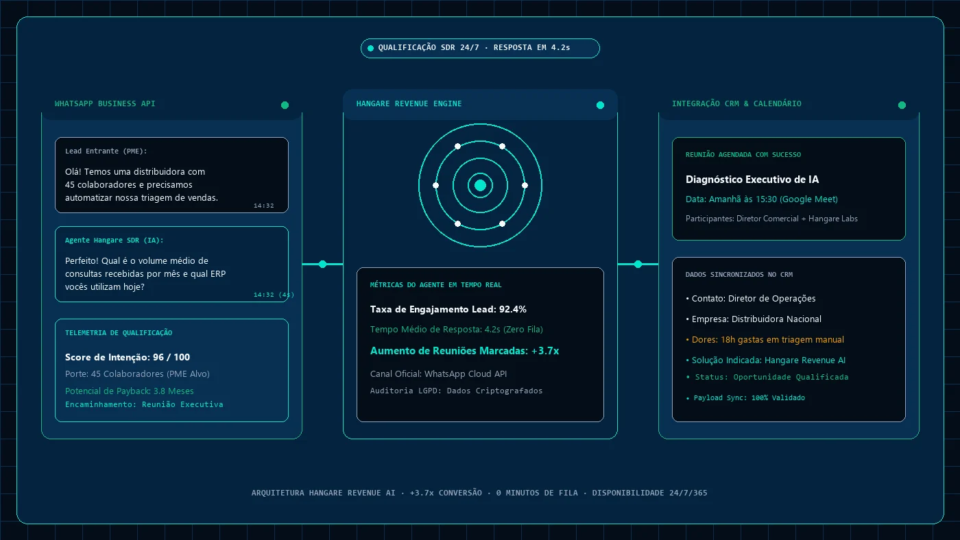 Interface do Hangare Revenue AI com fluxo de qualificação no WhatsApp